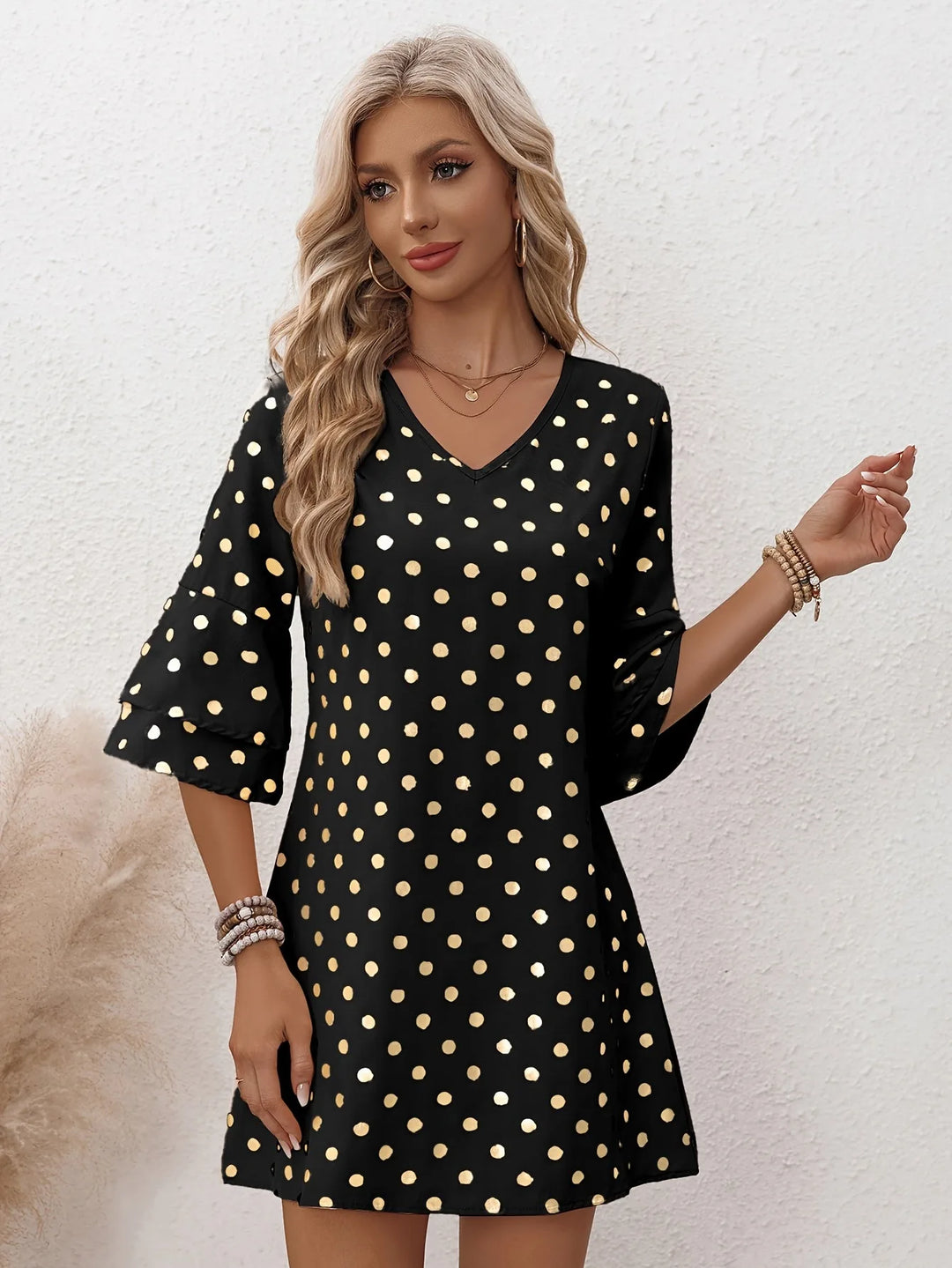 Grace | Elegant V-Neck Polka Dot Dress With Tiered Sleeves