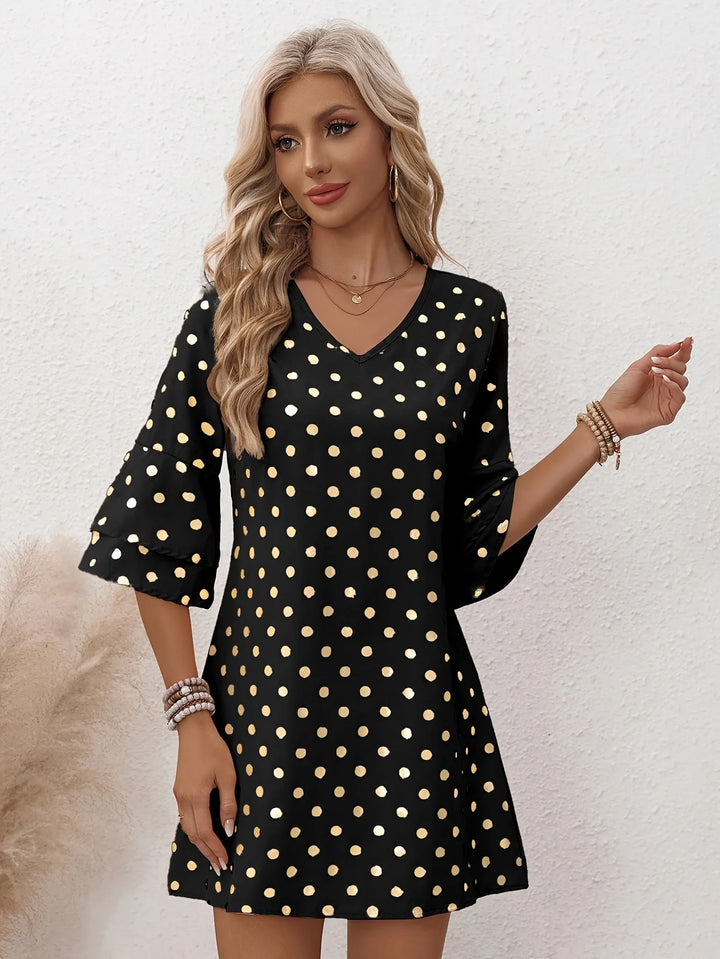 Grace | Elegant V-Neck Polka Dot Dress With Tiered Sleeves