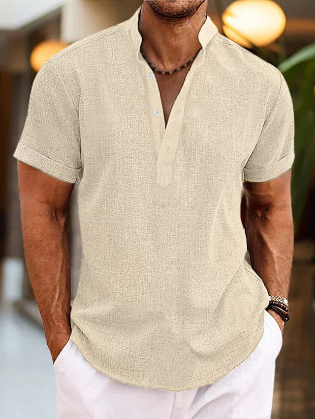 Beige Men's Polo Shirt with V-Neck & Short Sleeve - Side Pose
