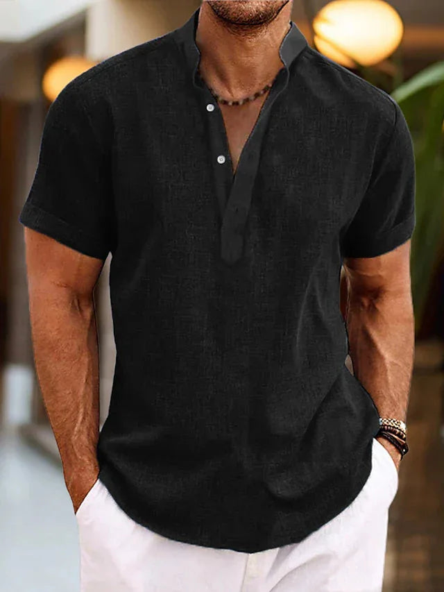 Black Men's Polo Shirt with V-Neck & Short Sleeve - Front Casual