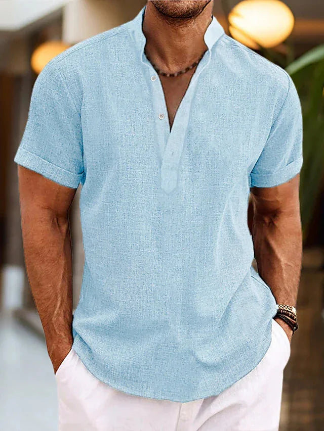 Light Blue Men's Polo Shirt with V-Neck & Short Sleeve - Front Pose