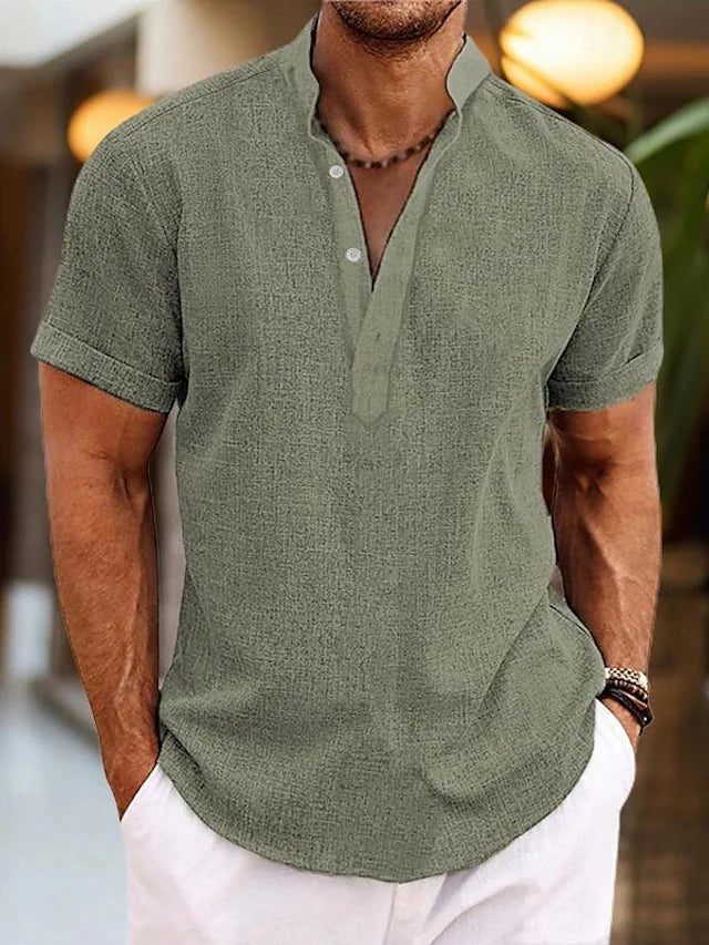 Military Green Men's Polo Shirt with V-Neck & Short Sleeve - Outdoor Pose