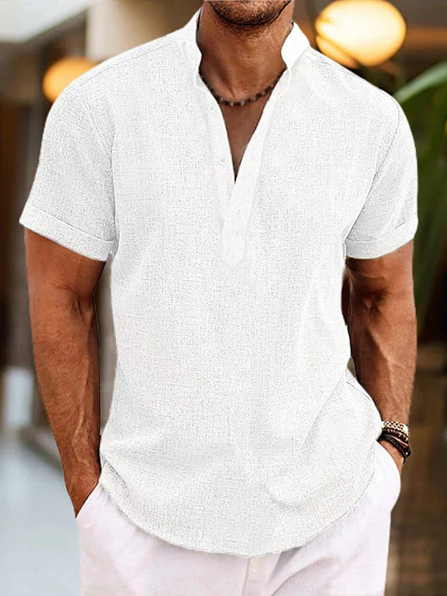 White Men's Polo Shirt with V-Neck & Short Sleeve - Studio