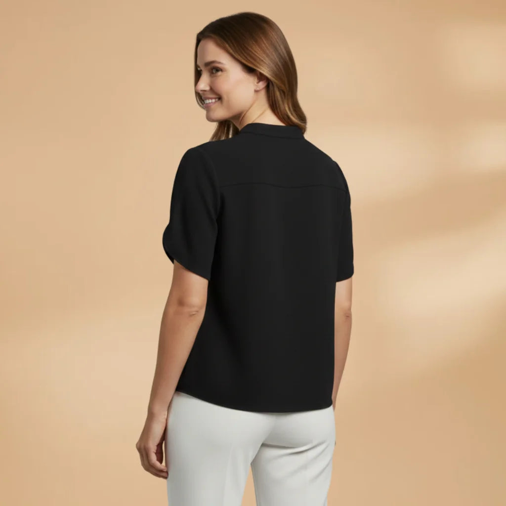 Black Women's Lightweight V-Neck Short Sleeve Blouse - Back Detail