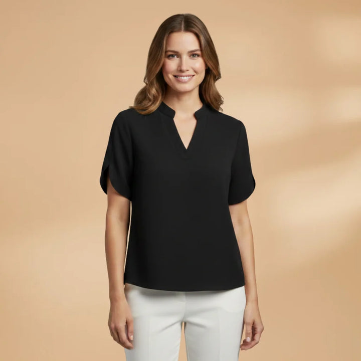 Black Women's Lightweight V-Neck Short Sleeve Blouse - Front Full