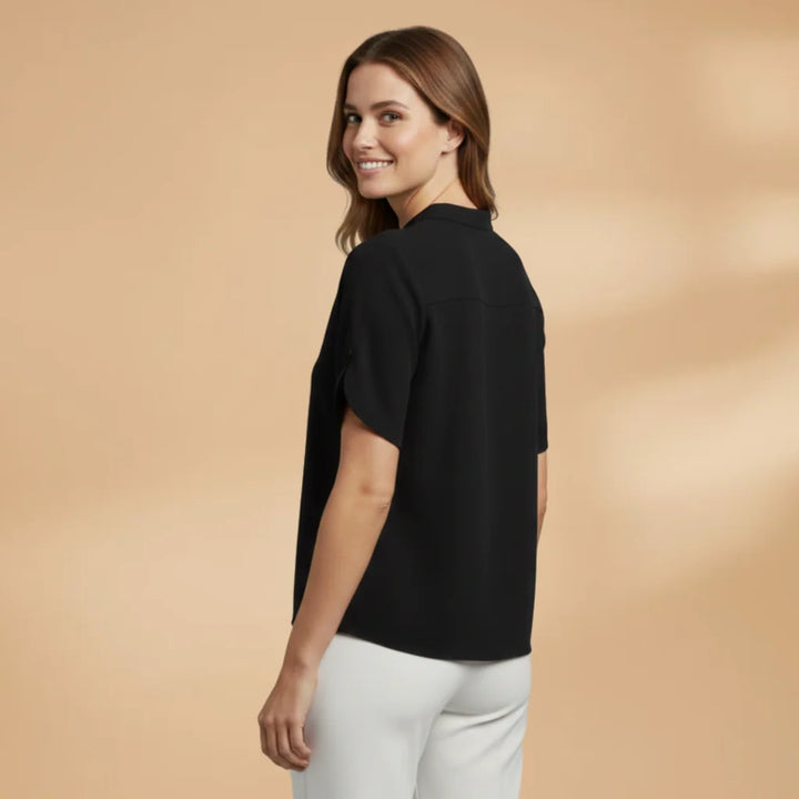 Black Women's Lightweight V-Neck Short Sleeve Blouse - Three Quarter Turn