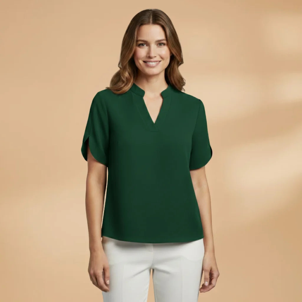 Green Women's Lightweight V-Neck Short Sleeve Blouse - Front Standing
