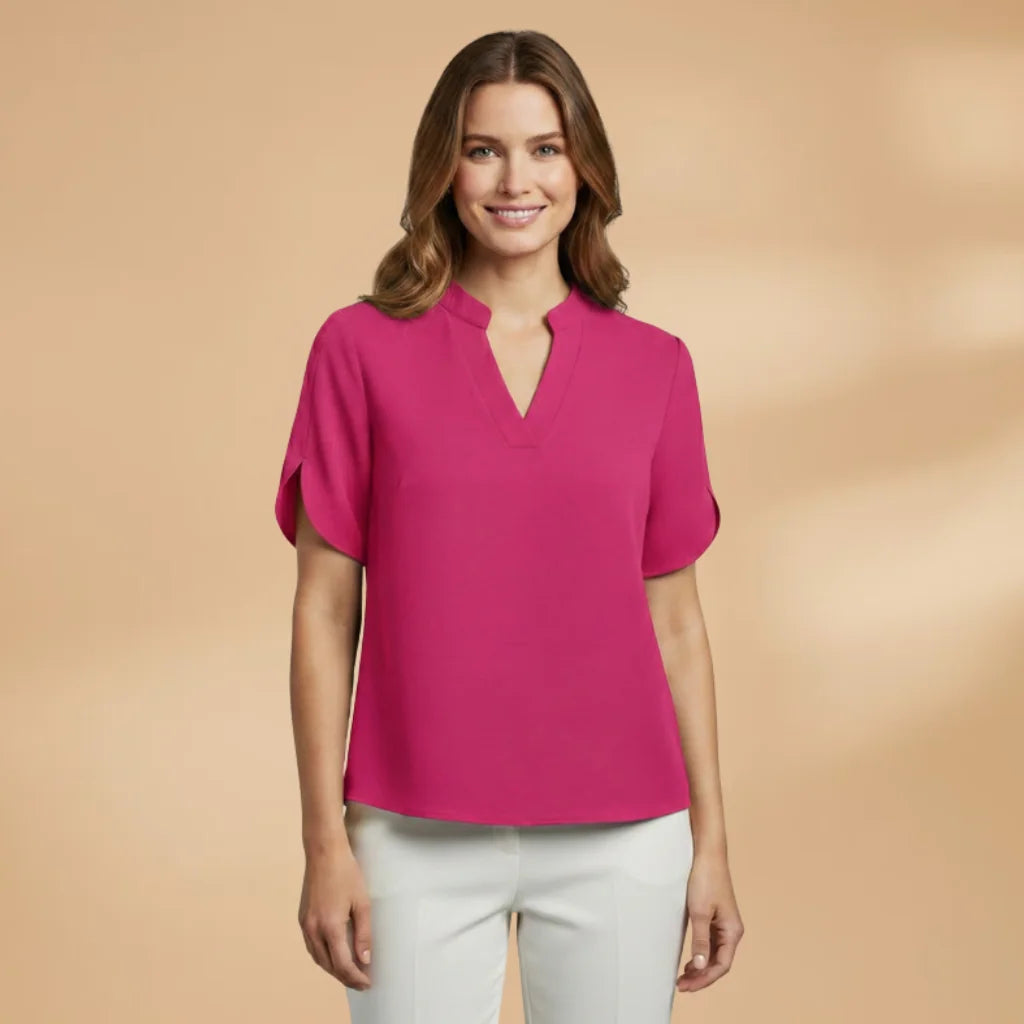 Hot Pink Women's Lightweight V-Neck Short Sleeve Blouse - Model Pose