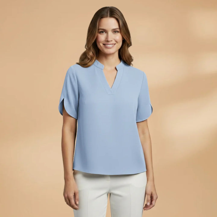 Light Blue Women's Lightweight V-Neck Short Sleeve Blouse - Studio Pose