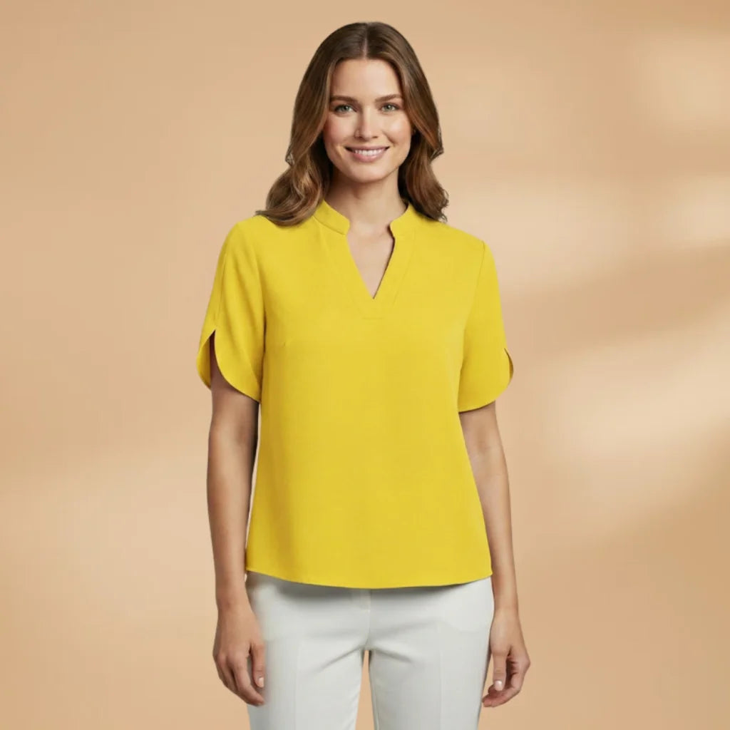 Yellow Women's Lightweight V-Neck Short Sleeve Blouse - Studio Full