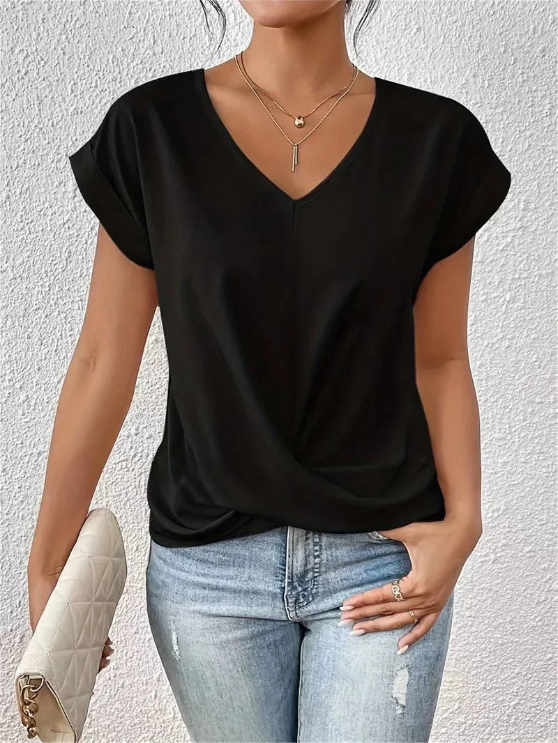 Black Women's V-Neck Short Sleeve T-Shirt — Ava Relaxed Twist Front - Front Full