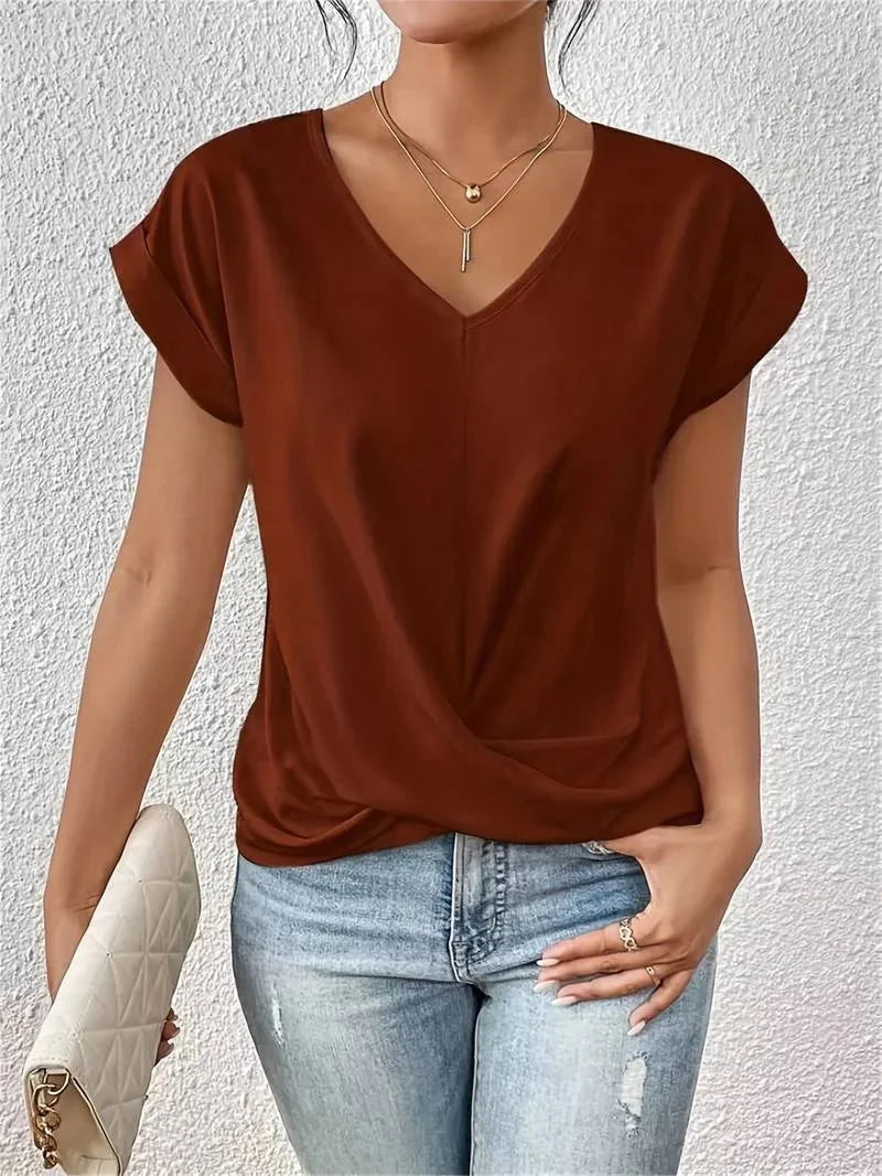 Brown Women's V-Neck Short Sleeve T-Shirt — Ava Relaxed Twist Front - Front Pose