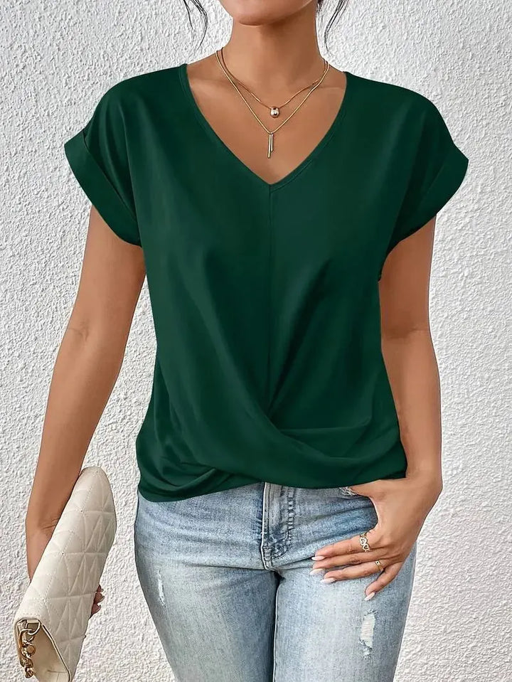 Dark Green Women's V-Neck Short Sleeve T-Shirt — Ava Relaxed Twist Front - Lifestyle Pose