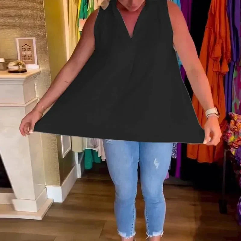 Black Women's Bianca V-Neck Sleeveless Top — Claire High-Low Hem - Front Styling