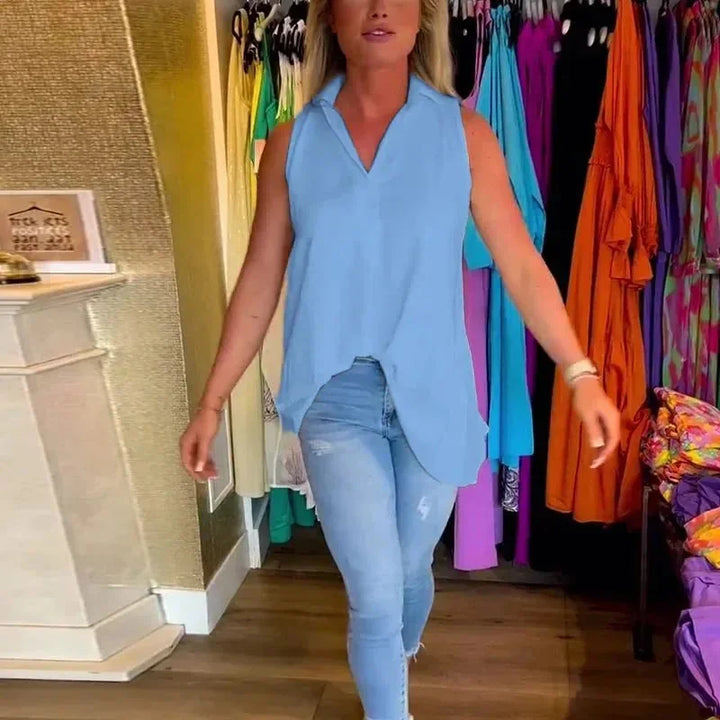 Blue Women's Bianca V-Neck Sleeveless Top — Claire High-Low Hem - Front Pose