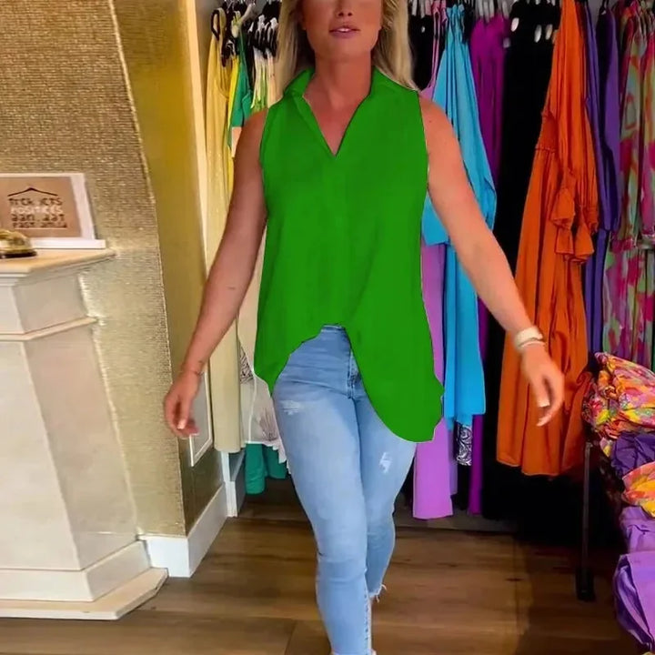 Green Women's Bianca V-Neck Sleeveless Top — Claire High-Low Hem - Casual Styling