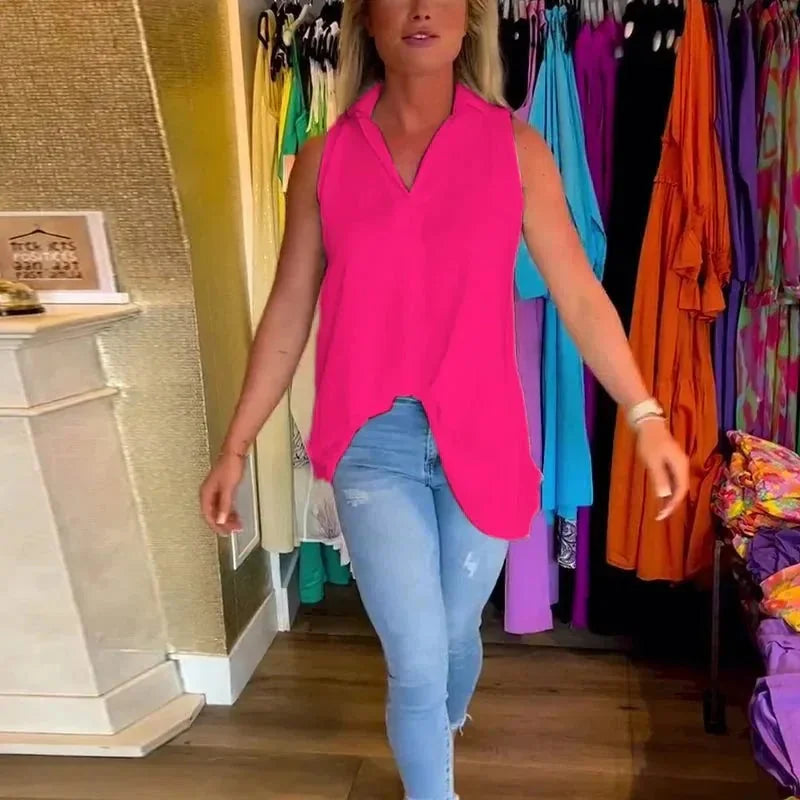 Pink Women's Bianca V-Neck Sleeveless Top — Claire High-Low Hem - Studio Pose