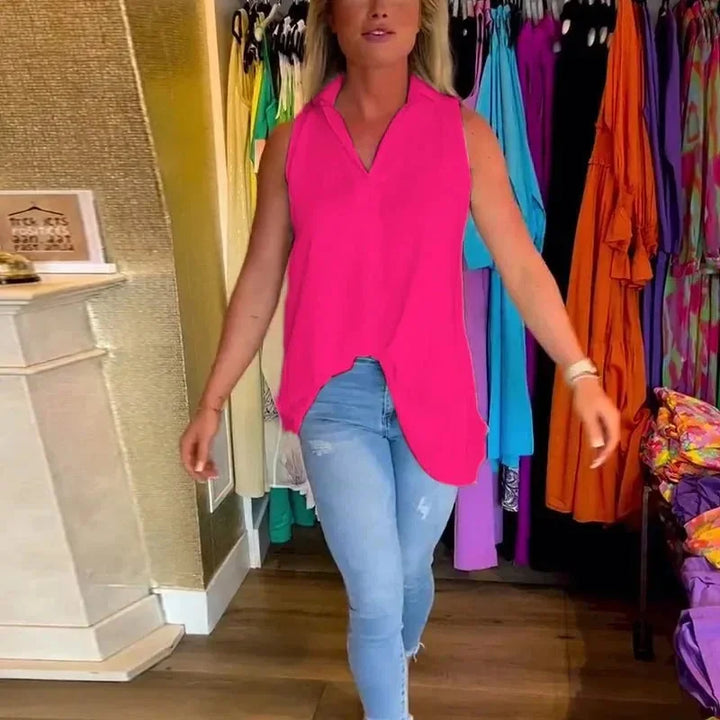 Pink Women's Bianca V-Neck Sleeveless Top — Claire High-Low Hem - Studio Pose