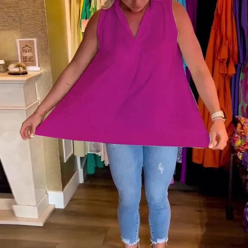 Purple Women's Bianca V-Neck Sleeveless Top — Claire High-Low Hem - Model Pose