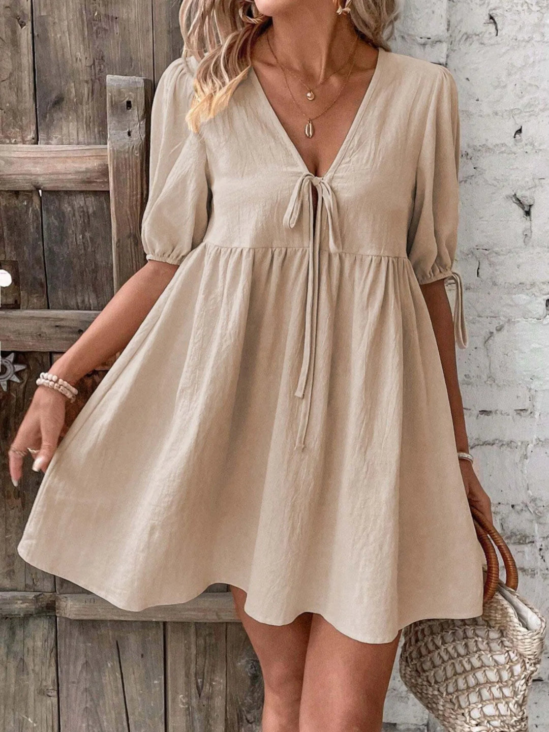 Arabella | Elegant V-Neck Tie Front Pink Midi Dress