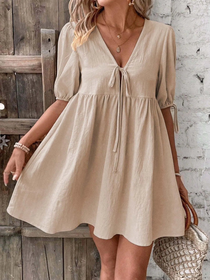 Arabella | Elegant V-Neck Tie Front Pink Midi Dress