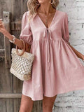 Arabella | Elegant V-Neck Tie Front Pink Midi Dress