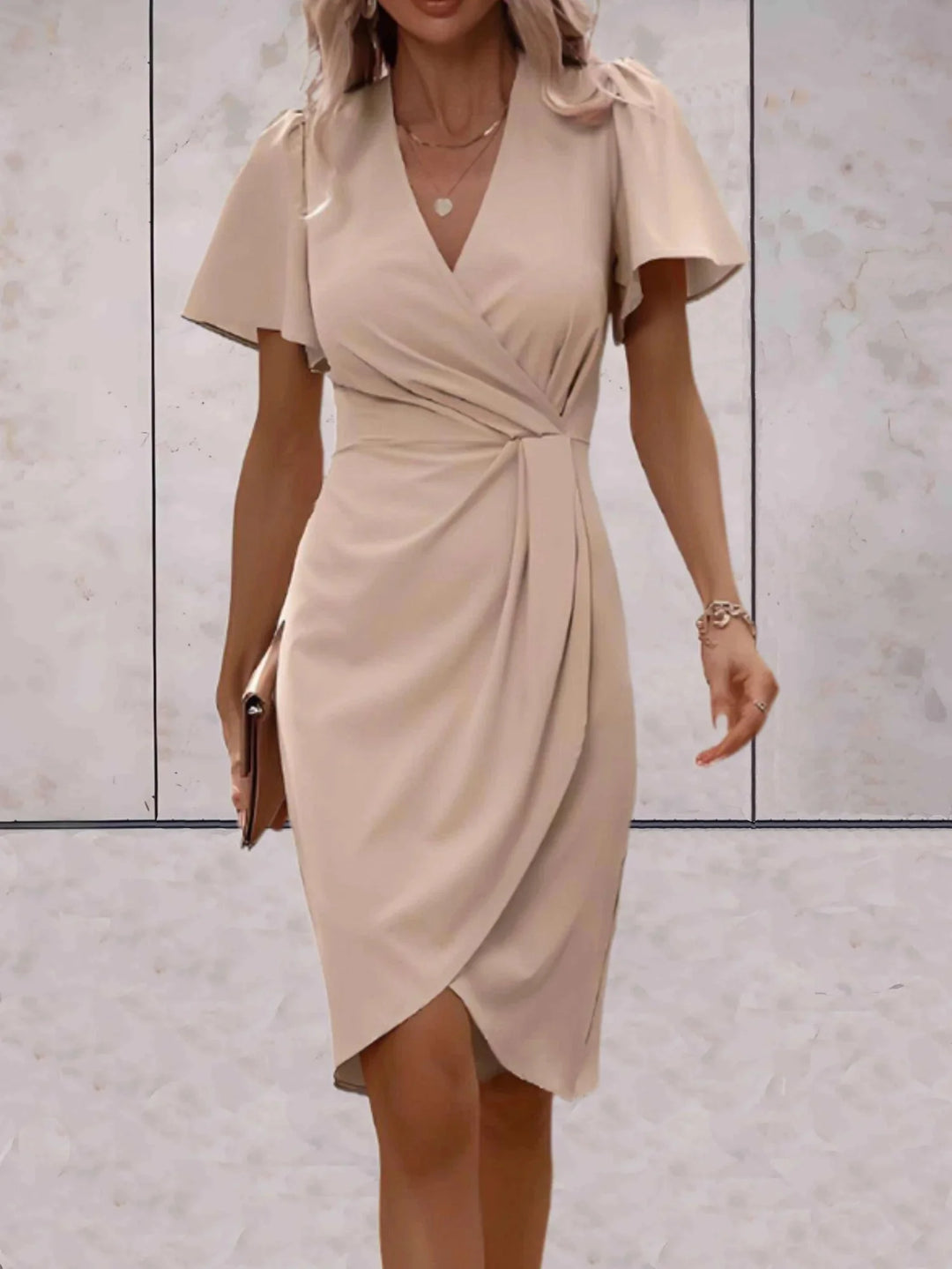 Beige Women's V-Neck Wrap Flutter Sleeve Midi Dress — Paloma Tie Detail Wedding Guest - Front Full
