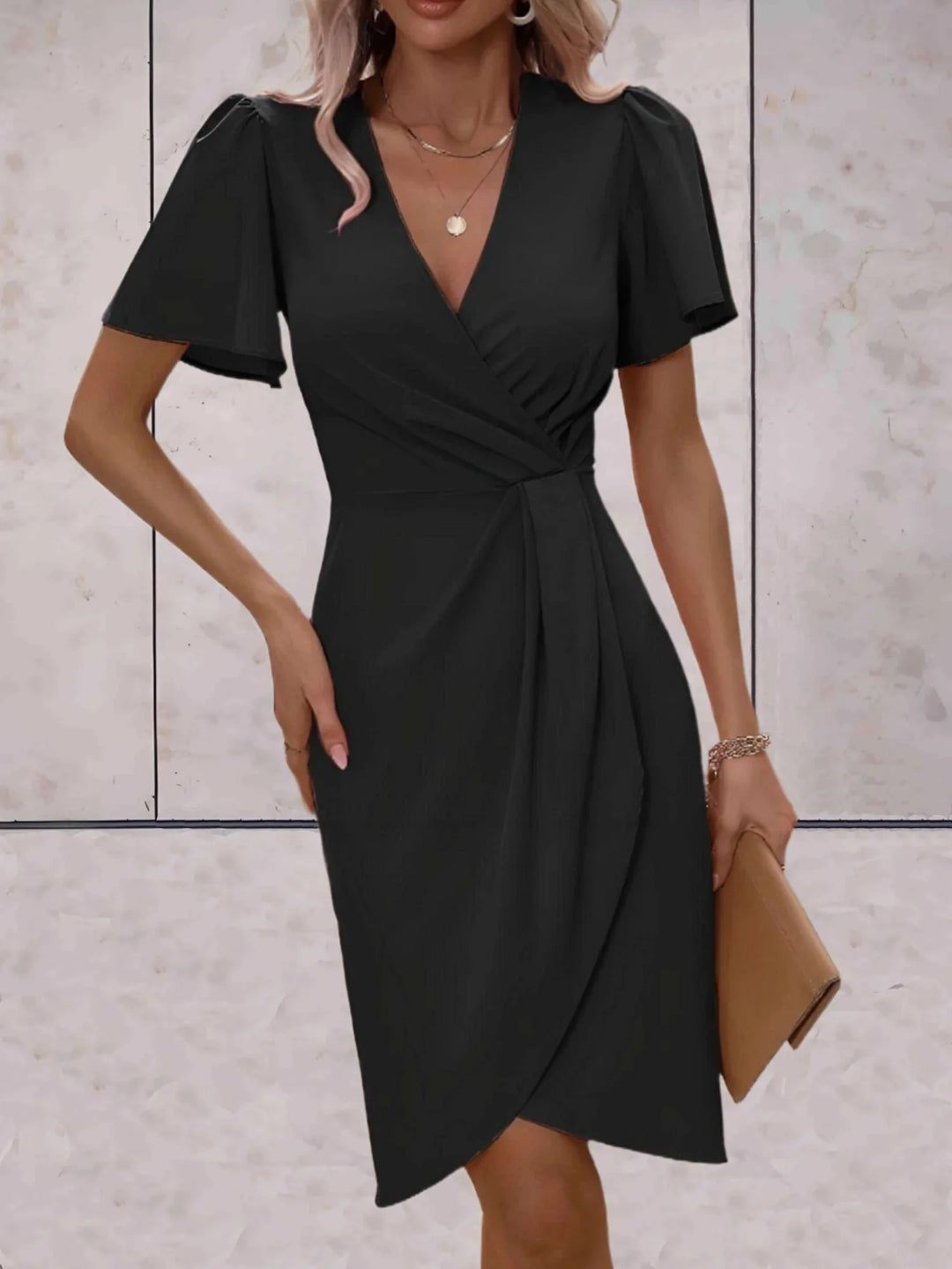 Black Women's V-Neck Wrap Flutter Sleeve Midi Dress — Paloma Tie Detail Wedding Guest - Front Pose