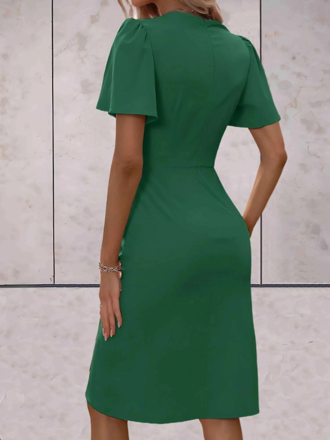 Green Women's V-Neck Wrap Flutter Sleeve Midi Dress — Paloma Tie Detail Wedding Guest - Back Full