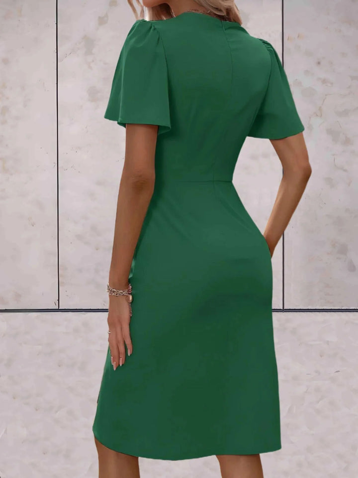 Green Women's V-Neck Wrap Flutter Sleeve Midi Dress — Paloma Tie Detail Wedding Guest - Back Full