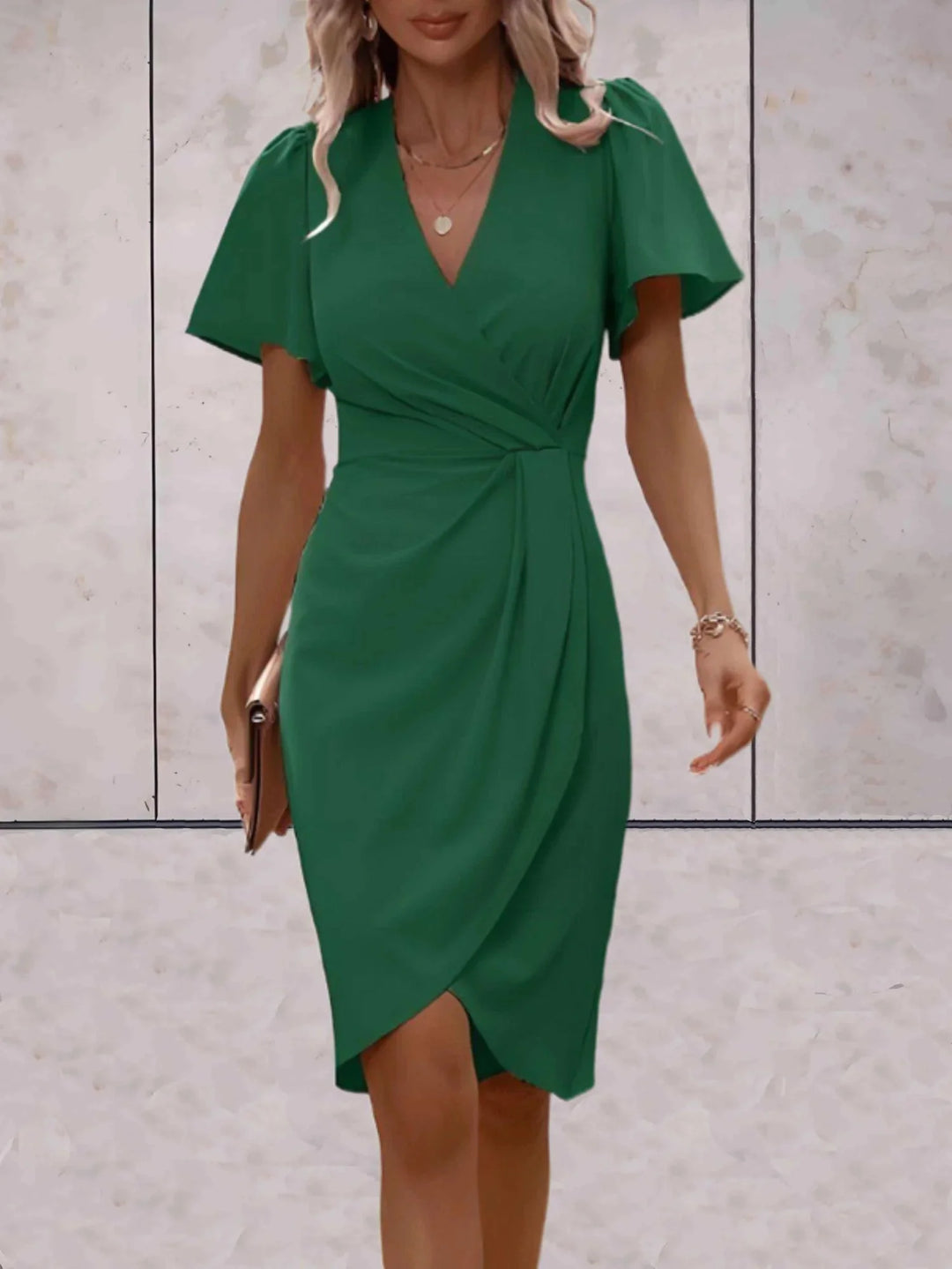 Green Women's V-Neck Wrap Flutter Sleeve Midi Dress — Paloma Tie Detail Wedding Guest - Front Lifestyle