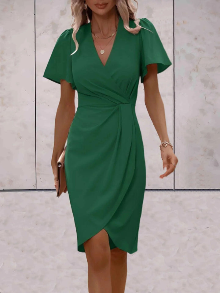 Green Women's V-Neck Wrap Flutter Sleeve Midi Dress — Paloma Tie Detail Wedding Guest - Front Lifestyle