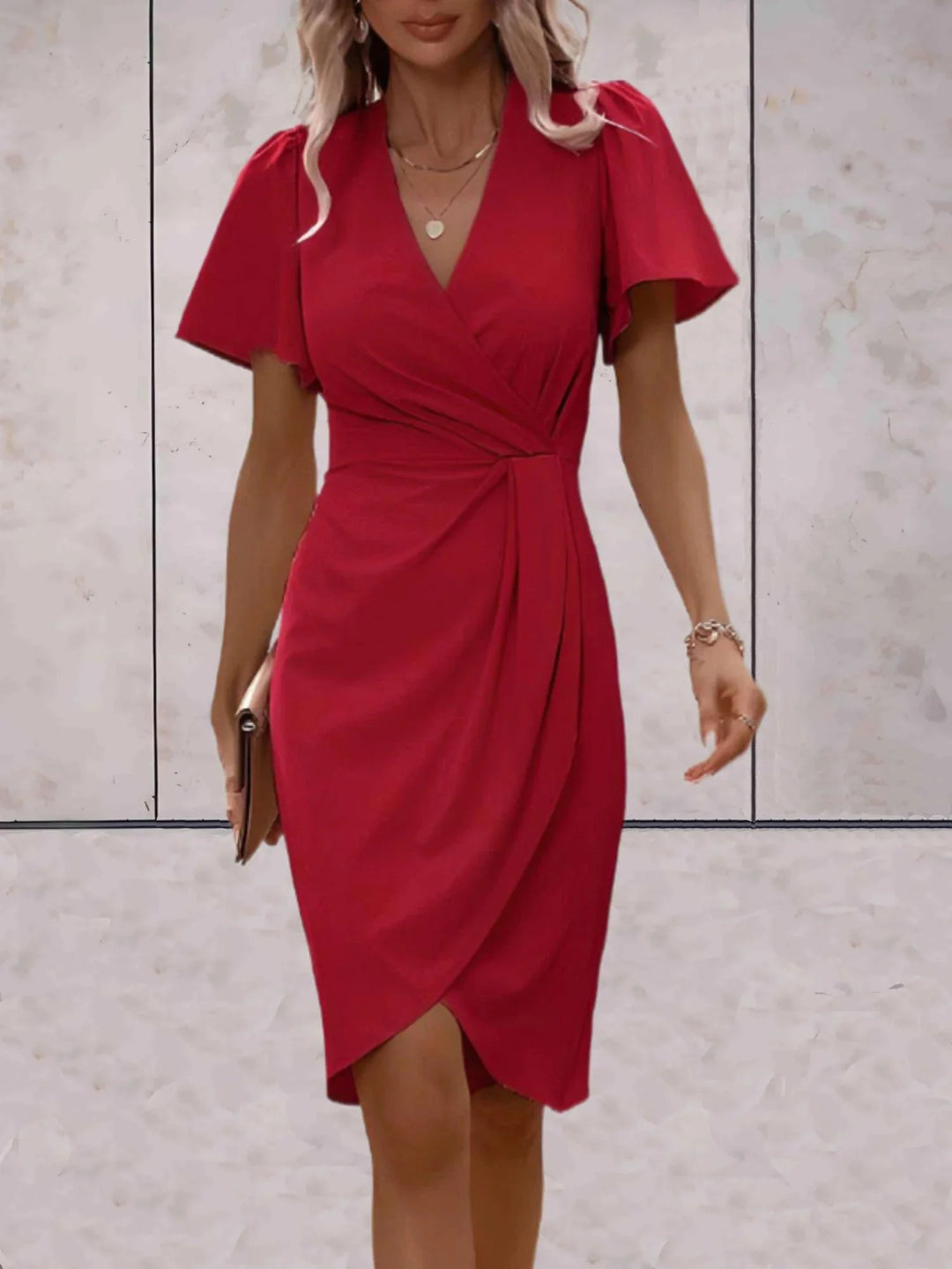 Red Women's V-Neck Wrap Flutter Sleeve Midi Dress — Paloma Tie Detail Wedding Guest - Front Detail
