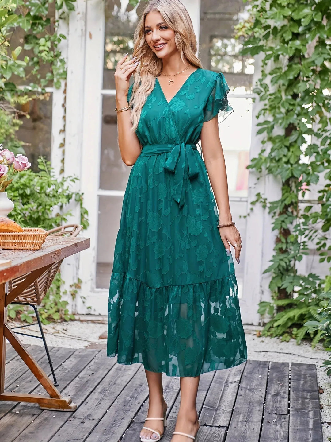 Fiona | Elegant V-Neck Wrap White Midi Dress With Ruffle