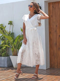 Fiona | Elegant V-Neck Wrap White Midi Dress With Ruffle