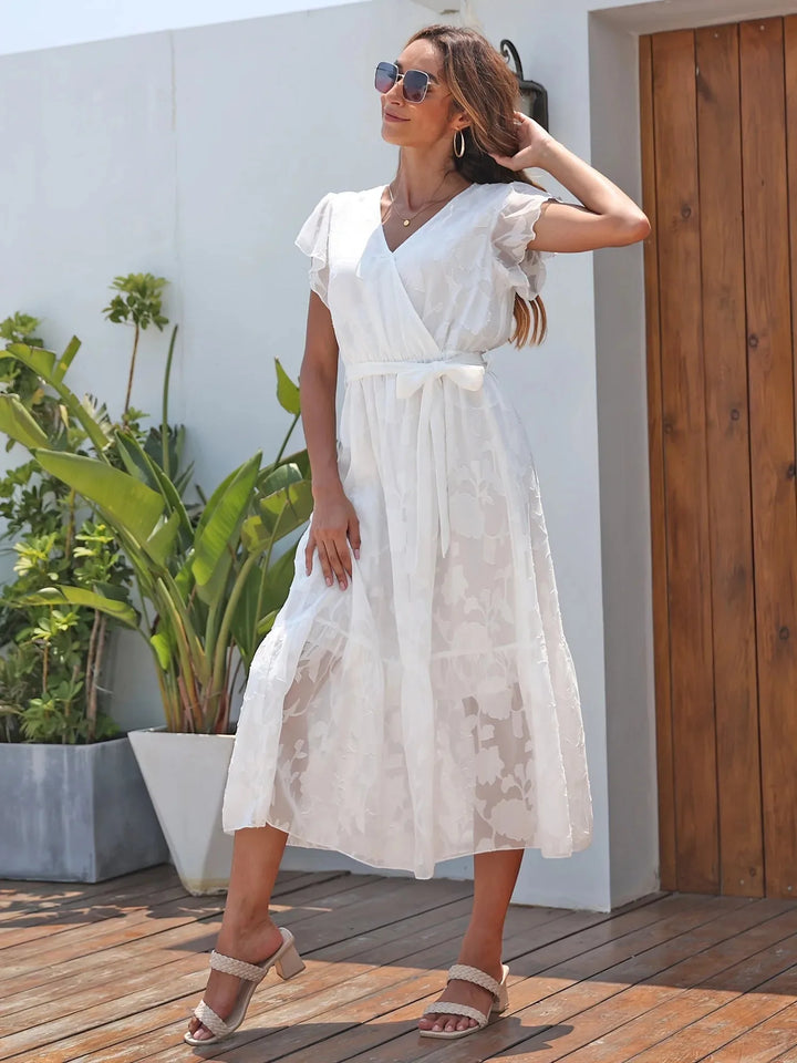 Fiona | Elegant V-Neck Wrap White Midi Dress With Ruffle