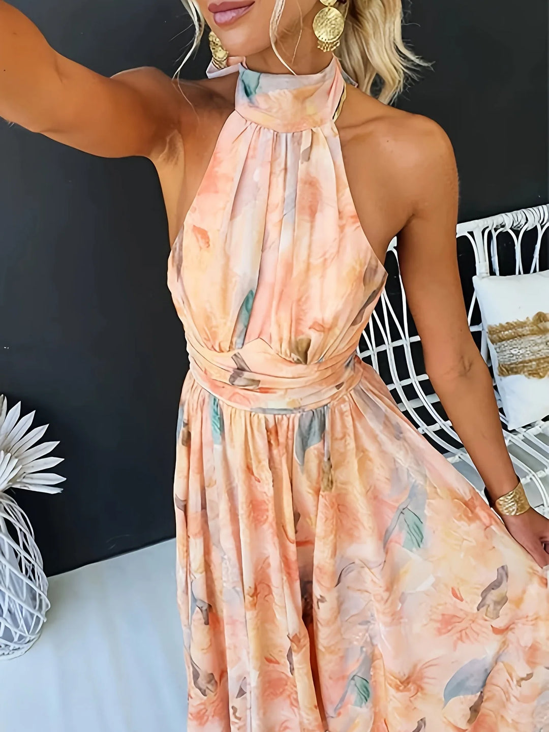 Delphine | Elegant Halter Neck Watercolor Floral Maxi Dress