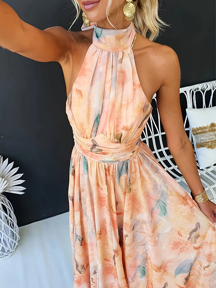 Delphine | Elegant Halter Neck Watercolor Floral Maxi Dress