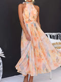 Delphine | Elegant Halter Neck Watercolor Floral Maxi Dress