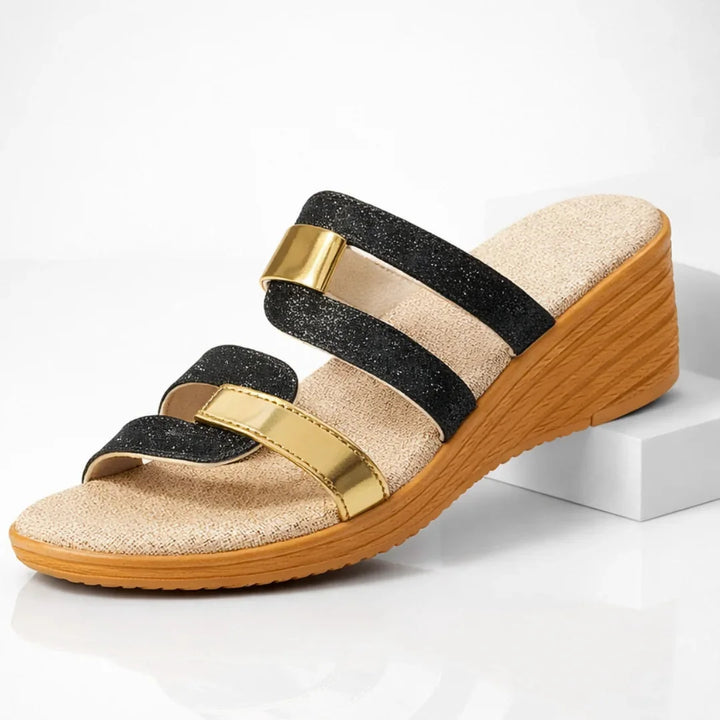 Midnight Women's Wedge Slide Sandals — Eliana Glitter Strap Platform - Gleam Flat Lay