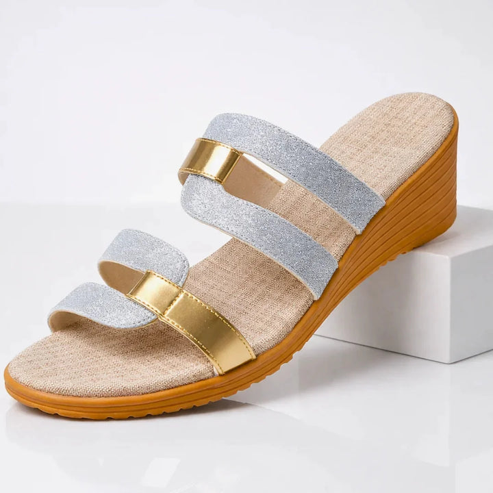Silver Women's Wedge Slide Sandals — Eliana Glitter Strap Platform - Veil Studio White