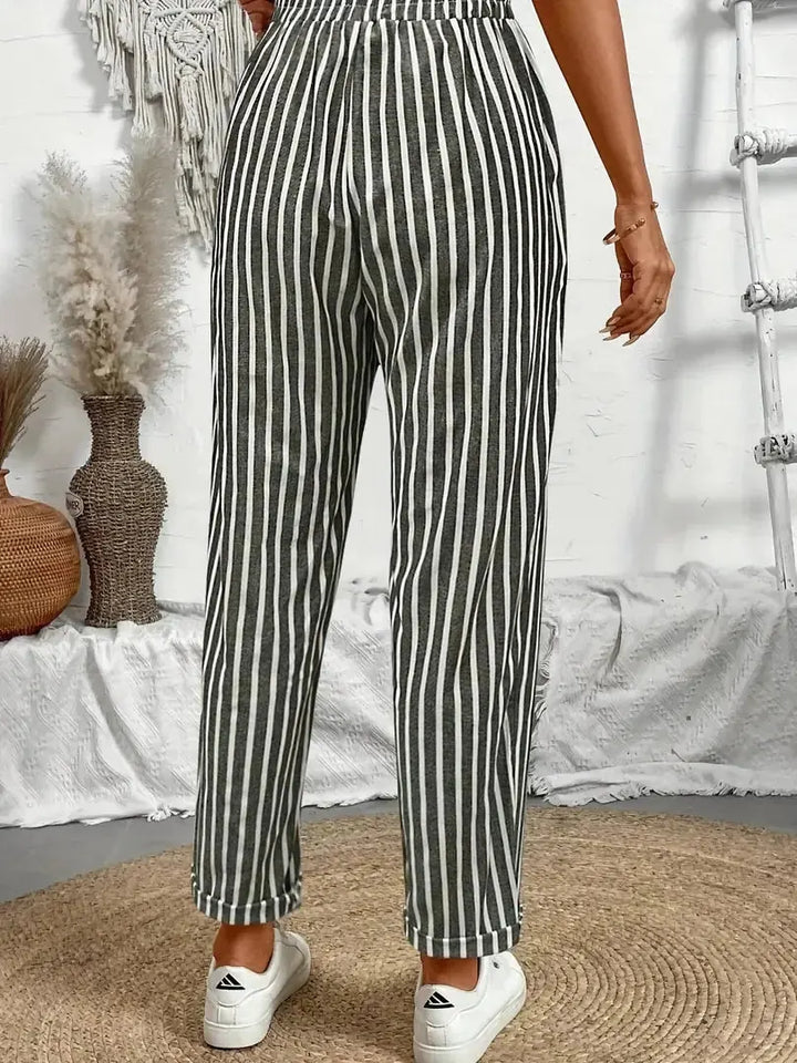 Striped Women's Striped Wide-Leg Pants — Emma Relaxed Linen Drawstring - Back Detail