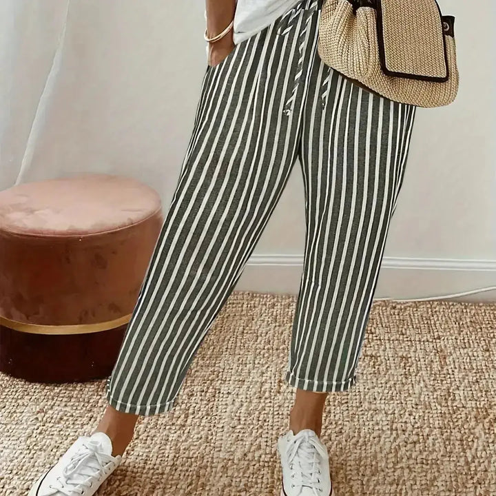 Striped Women's Striped Wide-Leg Pants — Emma Relaxed Linen Drawstring - Close Up Waist