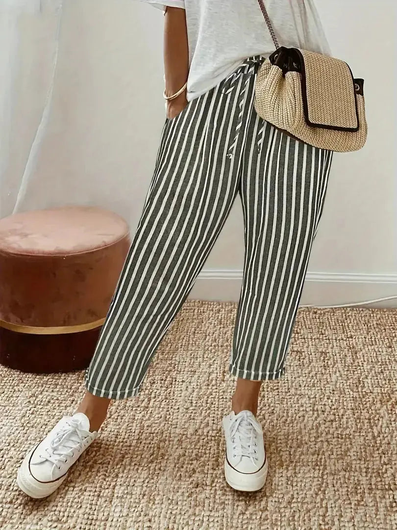 Striped Women's Striped Wide-Leg Pants — Emma Relaxed Linen Drawstring - Front Full