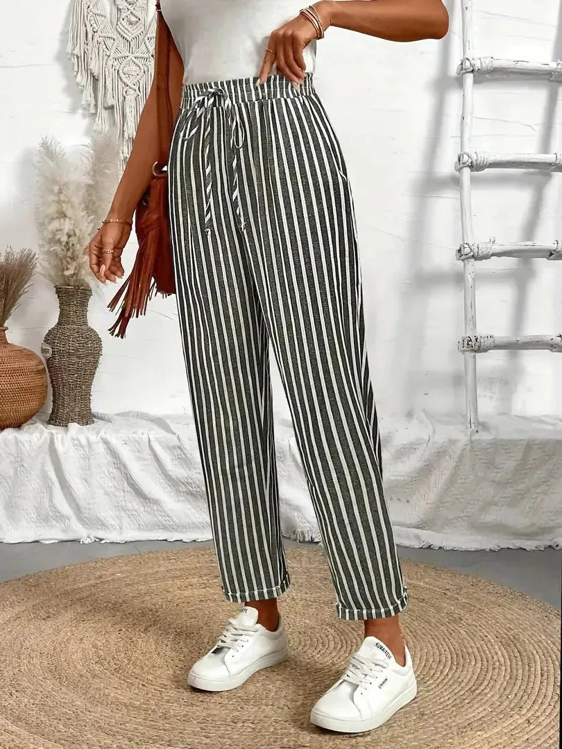Striped Women's Striped Wide-Leg Pants — Emma Relaxed Linen Drawstring - Side Pose