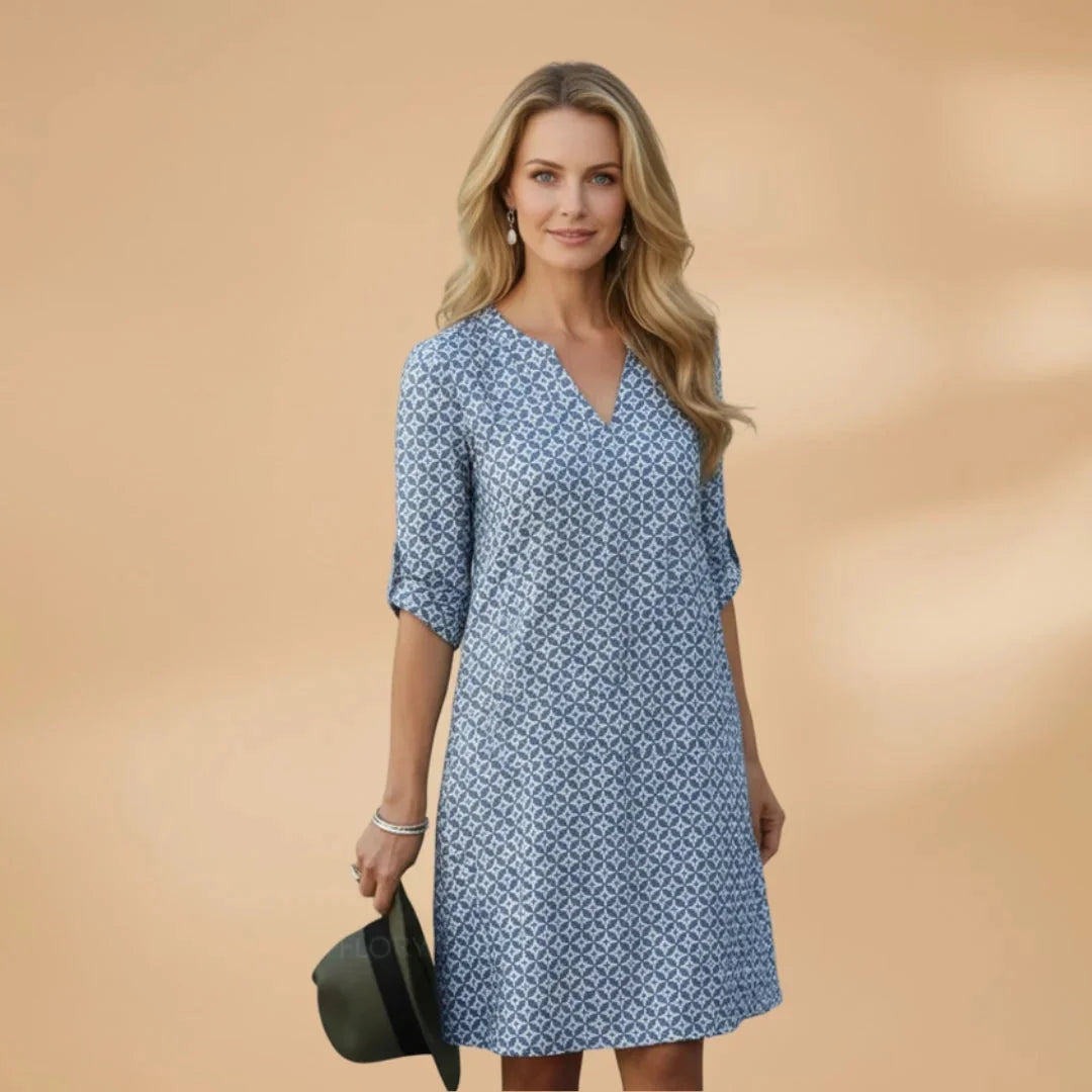 Blue Women's Loose Fit Short Sleeve Dress — Lauren Geometric V-Neck Pockets - Front Full