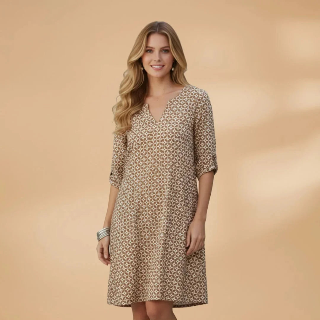Brown Women's Loose Fit Short Sleeve Dress — Lauren Geometric V-Neck Pockets - Front Full