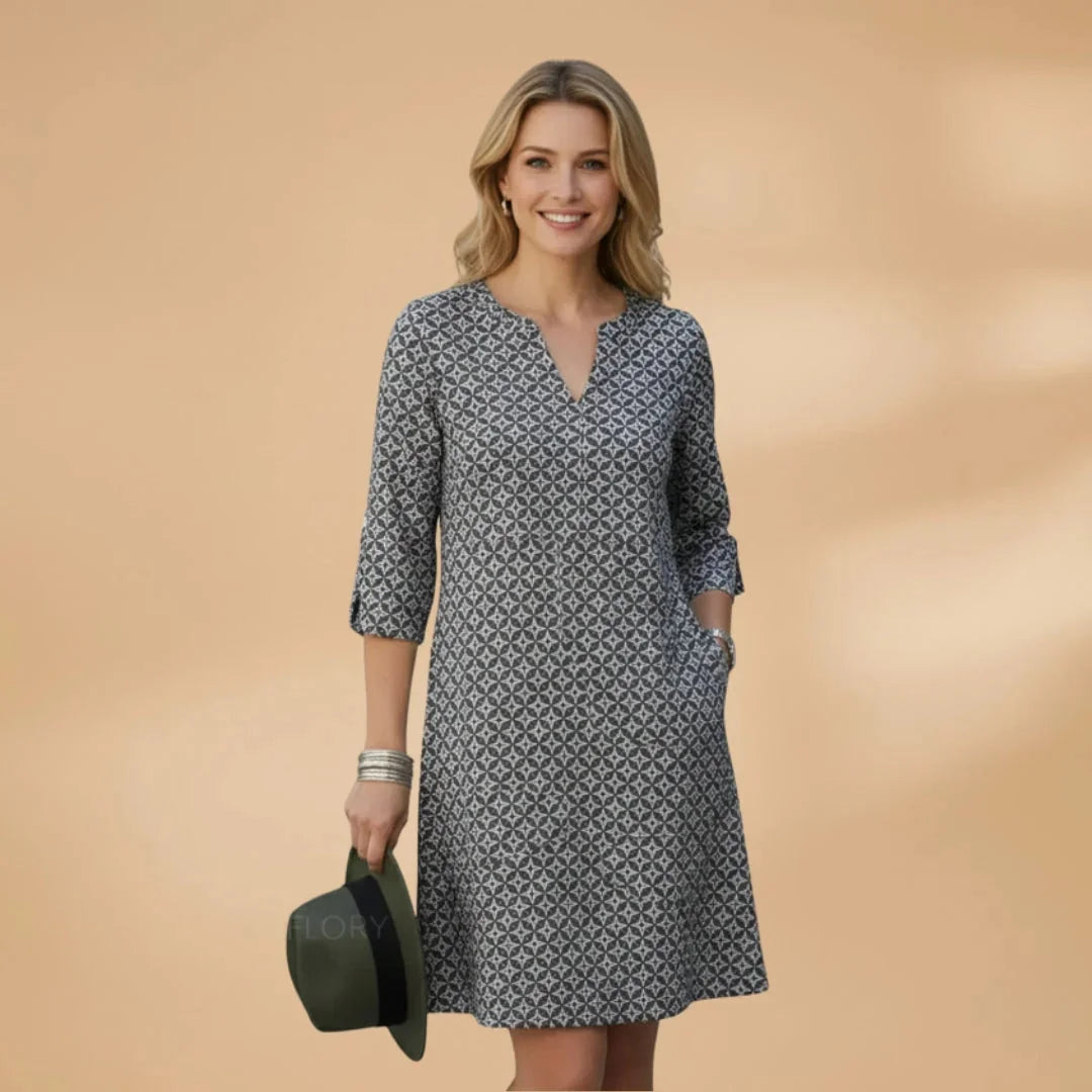 Gray Women's Loose Fit Short Sleeve Dress — Lauren Geometric V-Neck Pockets - Front Full