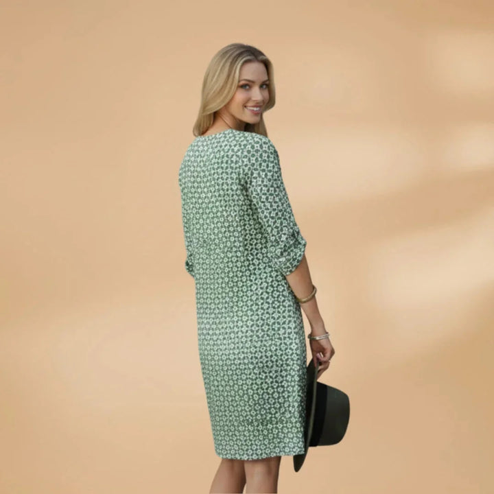 Green Women's Loose Fit Short Sleeve Dress — Lauren Geometric V-Neck Pockets - Back Detail