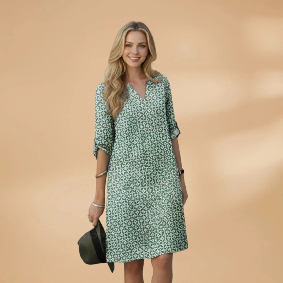Green Women's Loose Fit Short Sleeve Dress — Lauren Geometric V-Neck Pockets - Front Full
